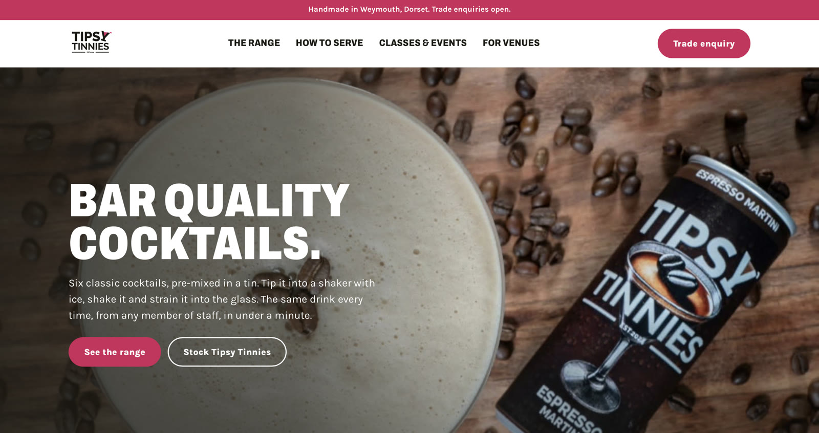 Tipsy Tinnies homepage: 'Bar quality cocktails' in bold white type over an espresso martini and a branded can, with a pink trade enquiry button.