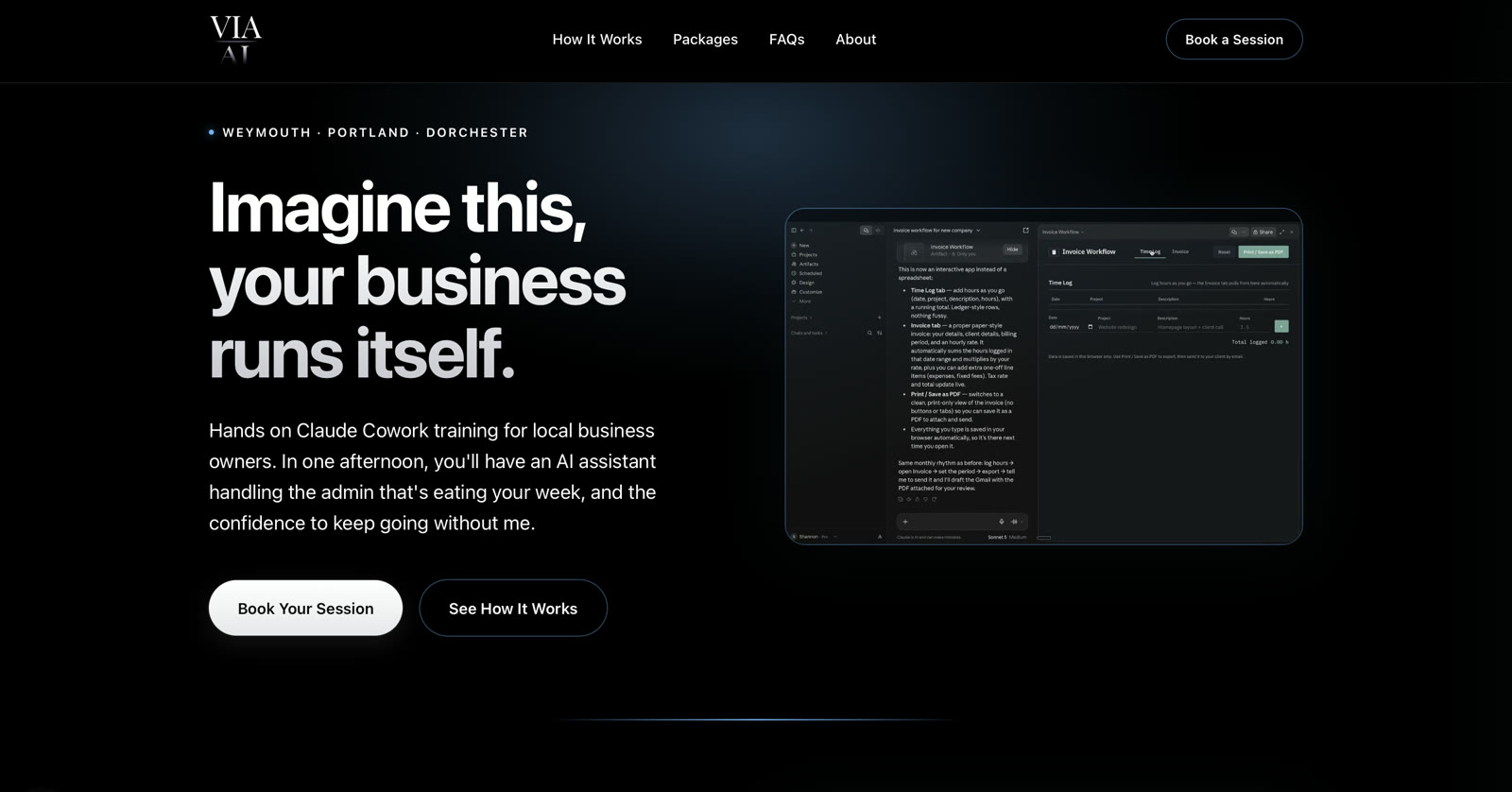 VIA AI homepage: dark navy page with the headline 'Imagine this, your business runs itself' beside a screenshot of an AI workflow.